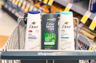 walgreens shopping cart with 3 dove body wash bottles