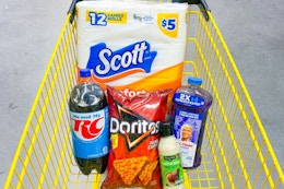 dollar tree groceries in a shopping cart