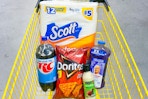 dollar tree groceries in a shopping cart