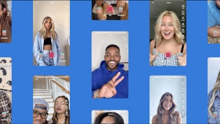 Several influencers in a phone screen frame against a blue background.