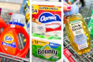 collage image of tide detergent, charmin and bounty paper products, and garnier whole blends shampoo