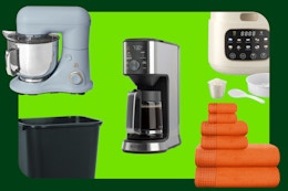 coffee pot, bin, mixer, and towels