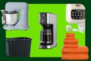 coffee pot, bin, mixer, and towels
