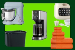 coffee pot, bin, mixer, and towels