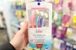 person holding a package of billie disposable razors