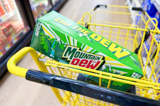 mountain dew 12-pack in yellow shopping cart