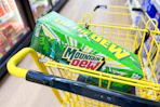 mountain dew 12-pack in yellow shopping cart