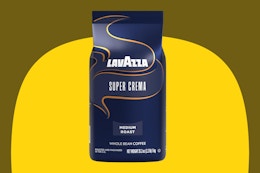  Lavazza Super Crema Whole Bean Coffee on a yellow background.