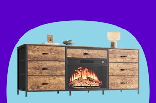 A wood-grain fireplace TV stand with 7 drawers
