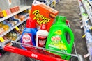 gain, persil, colgate, and reese's puffs in a cart