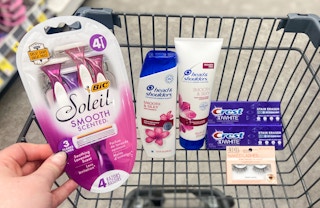 walgreens cart with head & shoulders shampoo, crest toothpaste, bic razors, and ardell false lashes