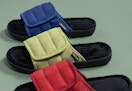 red, blue, and green men's slide slippers