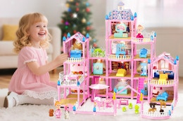 Girl using the Randhar Dream Doll House for Girls Toys, 32"x 29"x 25.5" Dollhouse.