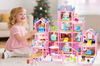 Girl using the Randhar Dream Doll House for Girls Toys, 32"x 29"x 25.5" Dollhouse.