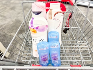 olay and secret products in a shopping cart