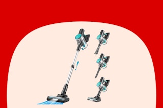 A cordless vacuum cleaner with grey and aqua accents is shown fully extended and handheld 3 ways.