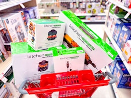 kitchen appliances sitting in a target cart