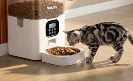 a cat eating from a cat feeder