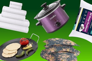 JCPenney home sale towels, comforter set, cookware, slow cooker, and bed pillow on a green background. 