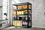 Lifestyle image of a metal storage rack used for garage storage