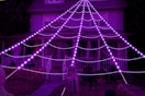 purple spider web lights glowing in front of house