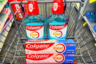 colgate mouthwash and toothpaste in a cvs shopping cart