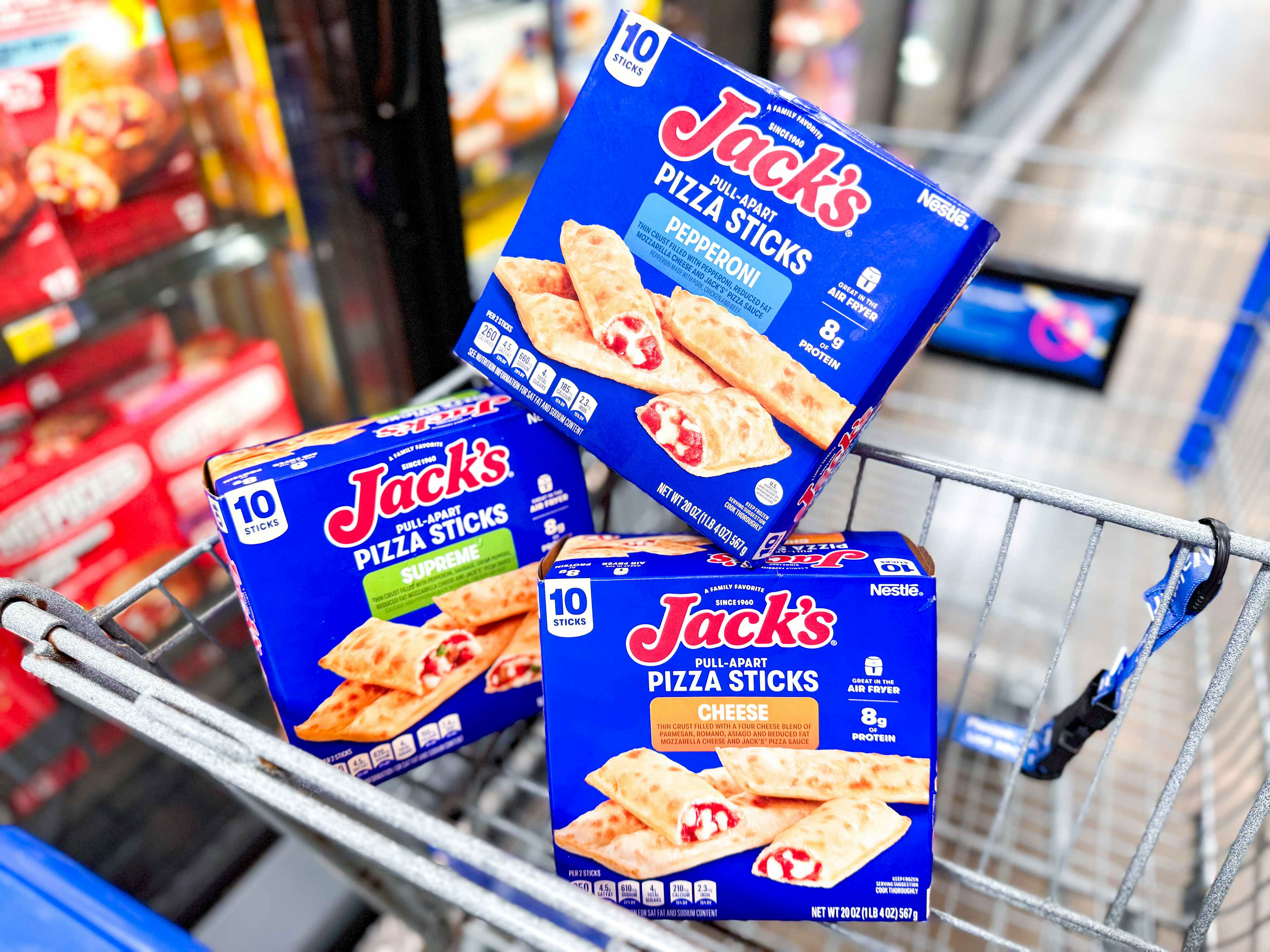 three boxes of jacks pizza sticks in walmart cart