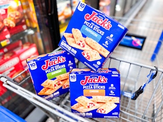 three boxes of jacks pizza sticks in walmart cart