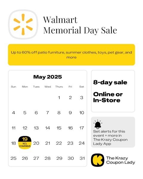 Calendar graphic of Walmart Memorial Day that starts on May 19 2025