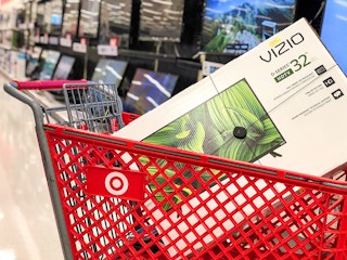 A clearance Vizio TV in a Target shopping cart.