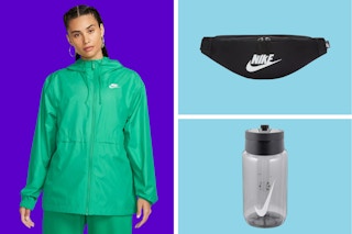 A collage of a woman in a green Nike outfit and two Nike accessories