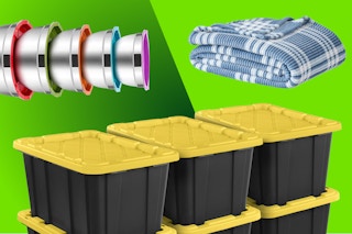 stainless steel mixing bowls, Better Homes & Gardens blanket, and Sterilite storage containers