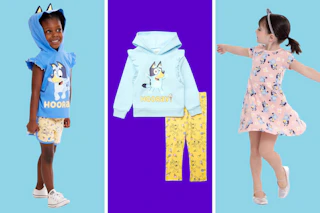 Three different styles of Bluey outfits (modeled by toddlers)