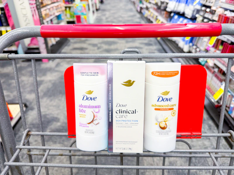 3 dove deodorants sitting in a cvs cart