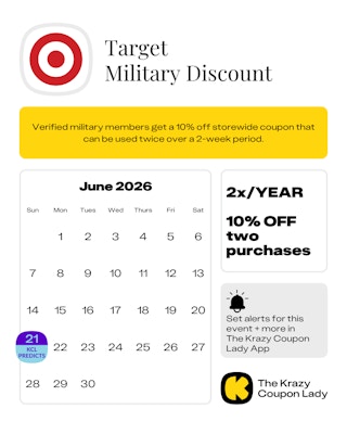 Calendar graphic of the target military discount for june 2026