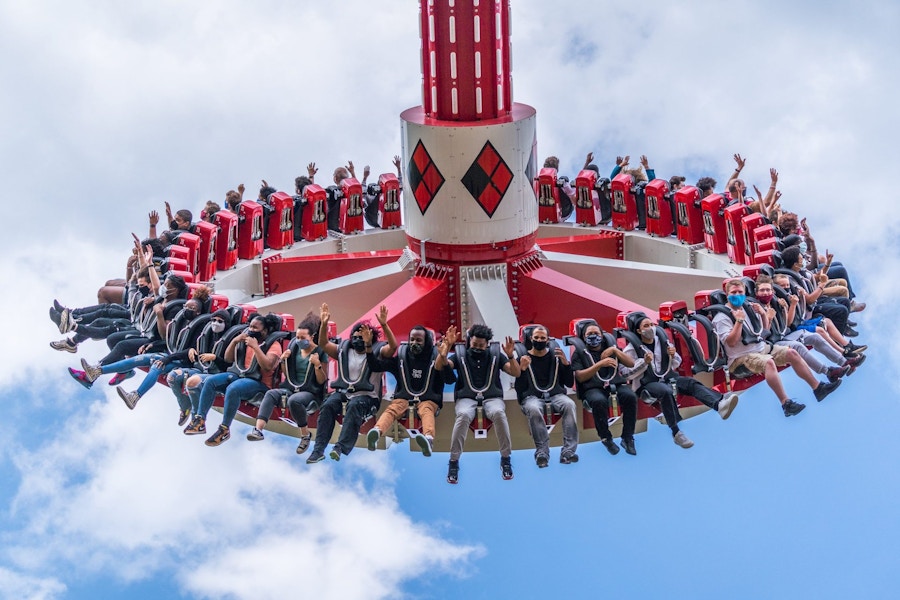 People on a spinning ride at Six Flags amusement park