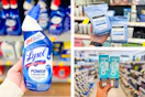 collage image of lysol toilet bowl cleaner, hello toothpaste, and neutrogena wipes