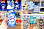 collage image of lysol toilet bowl cleaner, hello toothpaste, and neutrogena wipes