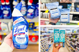 collage image of lysol toilet bowl cleaner, hello toothpaste, and neutrogena wipes