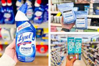 collage image of lysol toilet bowl cleaner, hello toothpaste, and neutrogena wipes