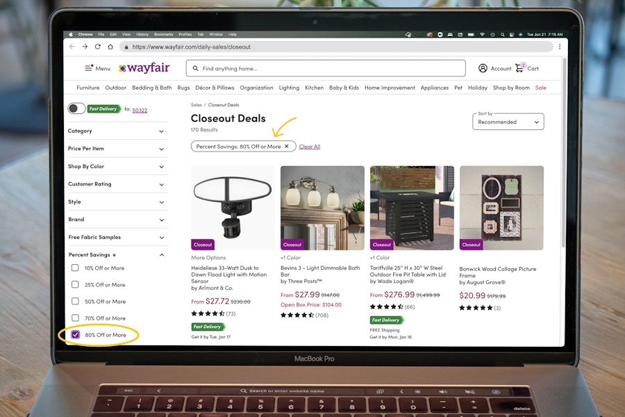 laptop screenshot of wayfair closeout deals filtered by 80% savings