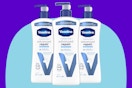  Vaseline Intensive Care Unscented Advanced Repair Body Lotion 3 pack on a blue background.