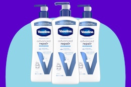  Vaseline Intensive Care Unscented Advanced Repair Body Lotion 3 pack on a blue background.