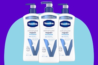  Vaseline Intensive Care Unscented Advanced Repair Body Lotion 3 pack on a blue background.