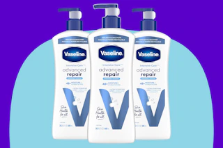 Vaseline Intensive Care Unscented Advanced Repair Body Lotion 3 pack on a blue background.