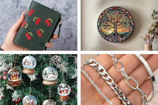 Embroidered cherry wallet, tree suncatcher, snow globe ornaments, silver bracelets