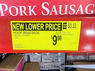 sign for 9.98 bacon marked down from 16.98