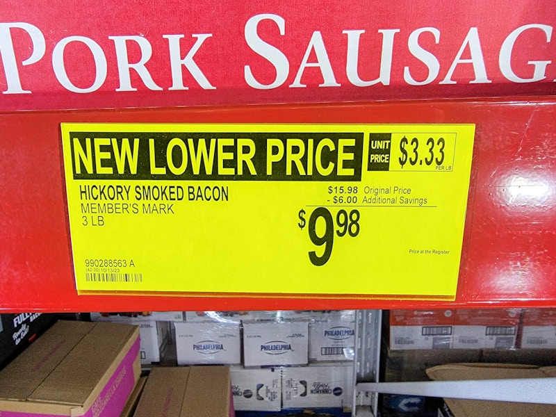 sign for 9.98 bacon marked down from 16.98