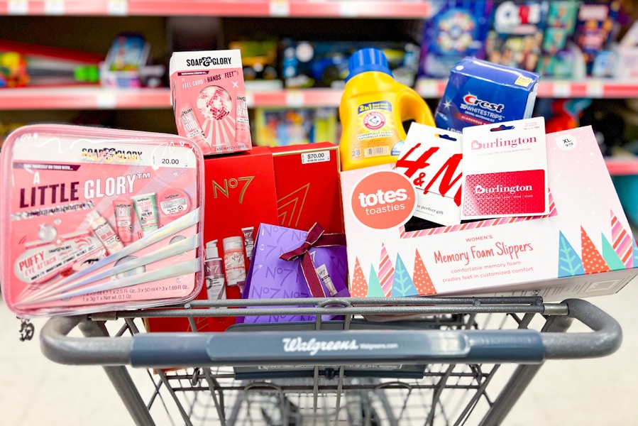 a walgreens cart filled with items