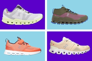 On Cloud shoes for kids and adults on a purple and blue collage background. 